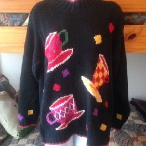 Marisa Christina * heavy BLACK Intarsia COFFEE CUP Sweater * 51" bust * EUC